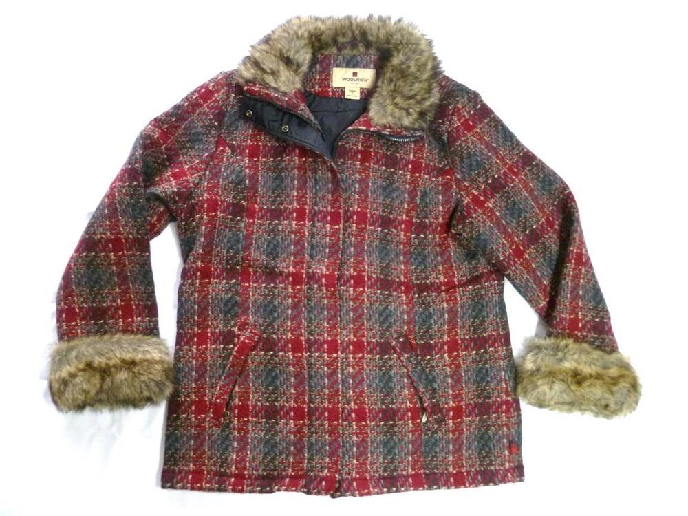 WOOLRICH USED/MISSING HOOD WOMEN M RED RUBY PLAID LINED/FAUX FUR WOOL JACKET